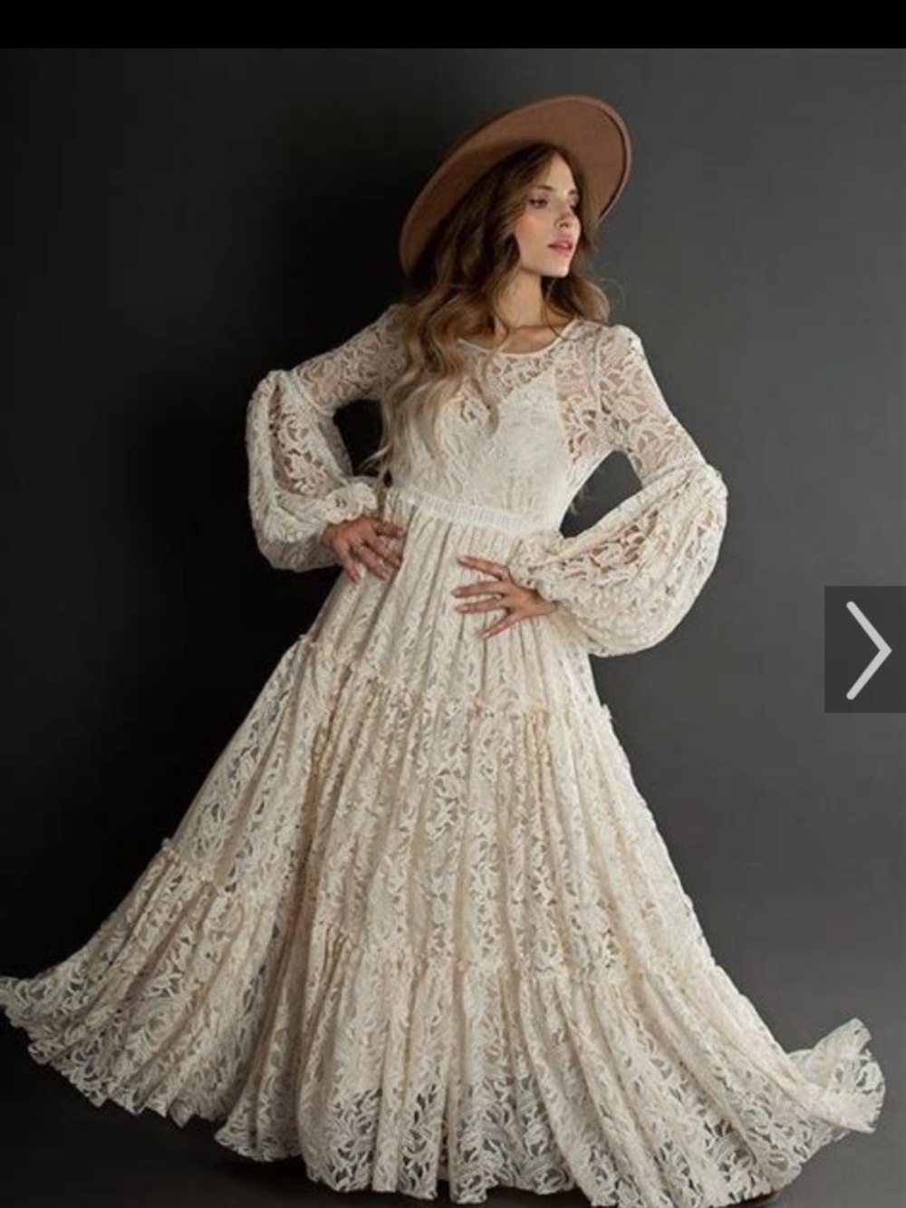 Joyfolie Cream Lace Maxi Dress with Billowy Sleeves